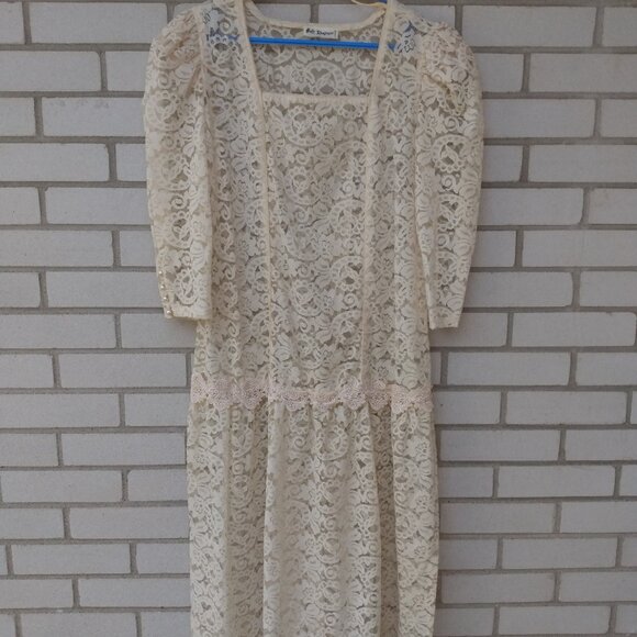 Vintage Ivory Sheer Lace Dress by Holt Renfrew Long Sleeves Drop Waist 37"B 34"W - Picture 2 of 13